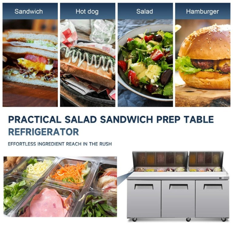 English Elm 72 Inch Commercial Sandwich Salad Prep Table with Butcher Block Board and Cold Storage W2095P436606