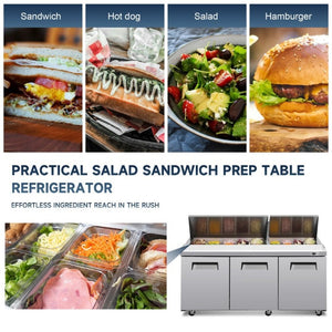 English Elm 72 Inch Commercial Sandwich Salad Prep Table with Butcher Block Board and Cold Storage W2095P436606