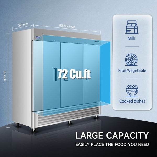 English Elm 81 Inch Commercial Reach in Refrigerator 72 Cu Ft Stainless Steel Three Door ETL Approved W2095P436608