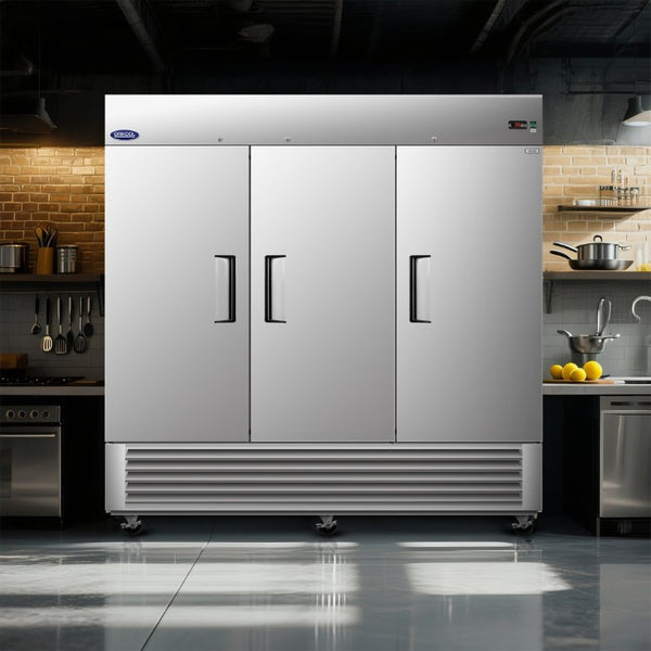 English Elm 81 Inch Commercial Reach in Refrigerator 72 Cu Ft Stainless Steel Three Door ETL Approved W2095P436608