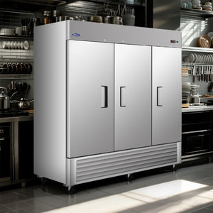 English Elm 81 Inch Commercial Reach in Refrigerator 72 Cu Ft Stainless Steel Three Door ETL Approved W2095P436608