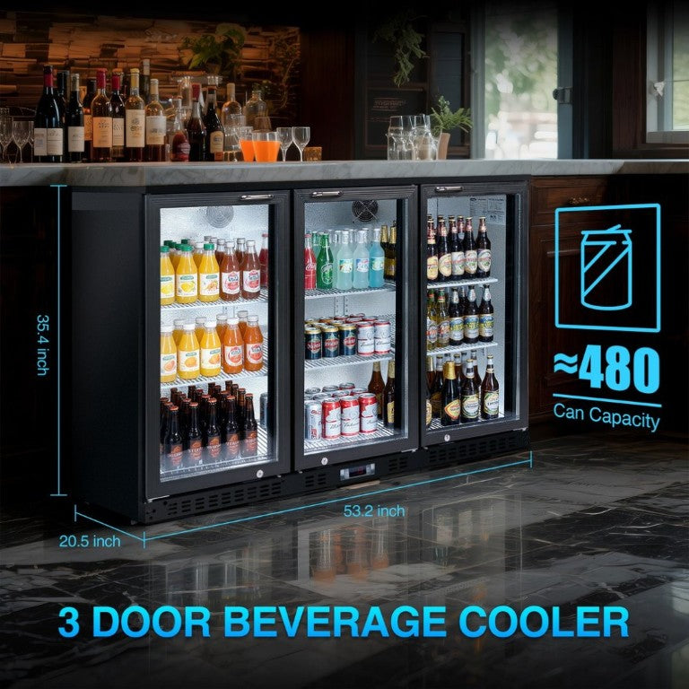 English Elm Beverage Cooler 53 Inch Triple Glass Door Back Bar Fridge Holds 480 Cans W2095P474893