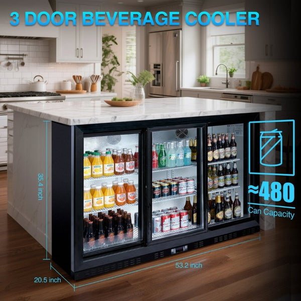 English Elm 53 Inch Commercial Back Bar Cooler Three Glass Doors 480 Can Capacity Home Bar Fridge W2095P474894