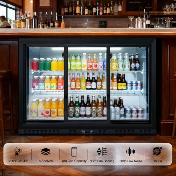 English Elm 53 Inch Commercial Back Bar Cooler Three Glass Doors 480 Can Capacity Home Bar Fridge W2095P474894