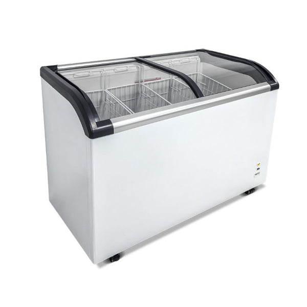 English Elm Curved Glass Lid Commercial Chest Freezer 9.8 Cu Ft with LED Lighting and Casters W2095P475085