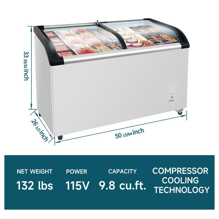 English Elm Curved Glass Lid Commercial Chest Freezer 9.8 Cu Ft with LED Lighting and Casters W2095P475085