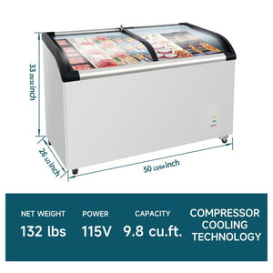 English Elm Curved Glass Lid Commercial Chest Freezer 9.8 Cu Ft with LED Lighting and Casters W2095P475085