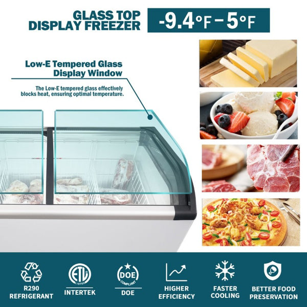 English Elm Curved Glass Lid Commercial Chest Freezer 9.8 Cu Ft with LED Lighting and Casters W2095P475085