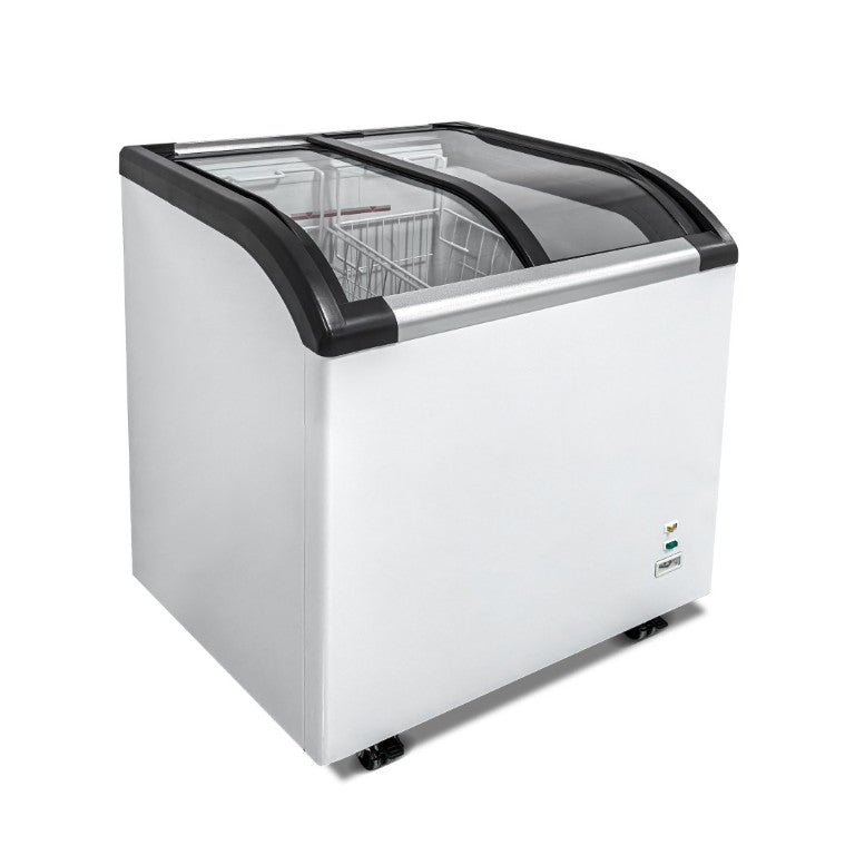 English Elm Curved Glass Lid Commercial Chest Freezer with LED Lighting and Locking Caster Wheels W2095P475095