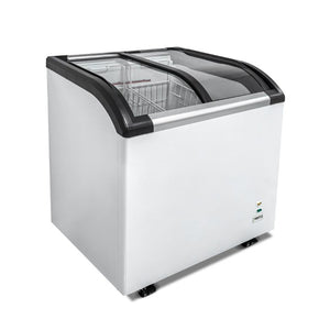 English Elm Curved Glass Lid Commercial Chest Freezer with LED Lighting and Locking Caster Wheels W2095P475095