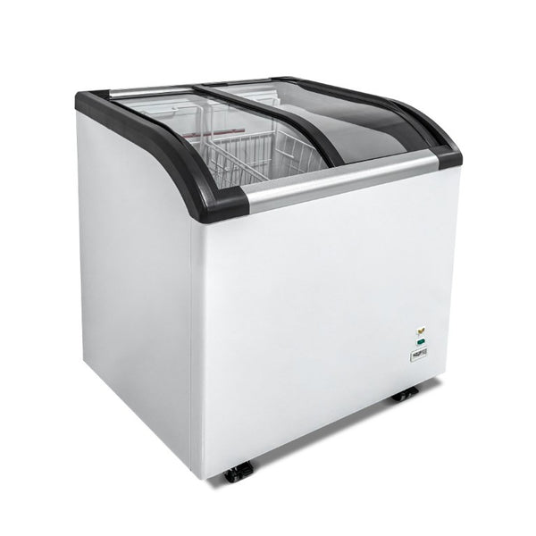 English Elm Curved Glass Lid Commercial Chest Freezer with LED Lighting and Locking Caster Wheels W2095P475095