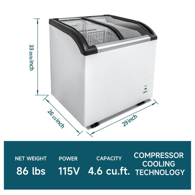 English Elm Curved Glass Lid Commercial Chest Freezer with LED Lighting and Locking Caster Wheels W2095P475095