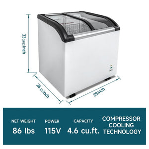 English Elm Curved Glass Lid Commercial Chest Freezer with LED Lighting and Locking Caster Wheels W2095P475095
