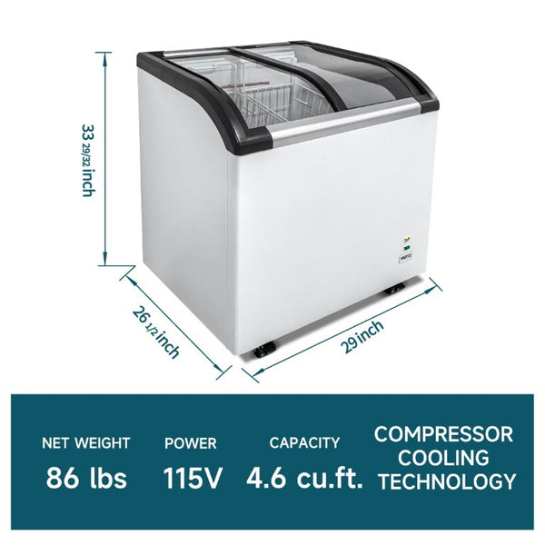 English Elm Curved Glass Lid Commercial Chest Freezer with LED Lighting and Locking Caster Wheels W2095P475095