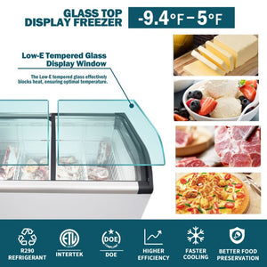 English Elm Curved Glass Lid Commercial Chest Freezer with LED Lighting and Locking Caster Wheels W2095P475095
