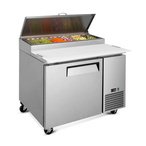 English Elm Tpp44 Stainless Steel Refrigerated Pizza Prep Table with Pan Rail and Cutting Board W2095P475580