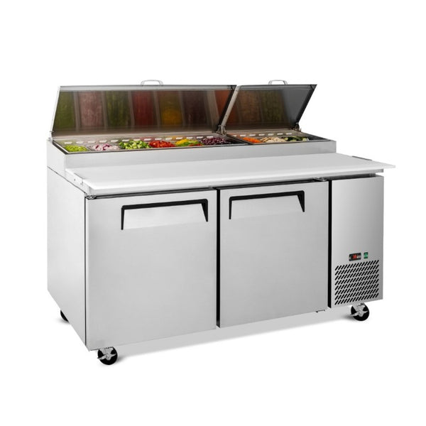English Elm 67 Inch Commercial Pizza Prep Table Stainless Steel Refrigerated with Butcher Block Top W2095P475583
