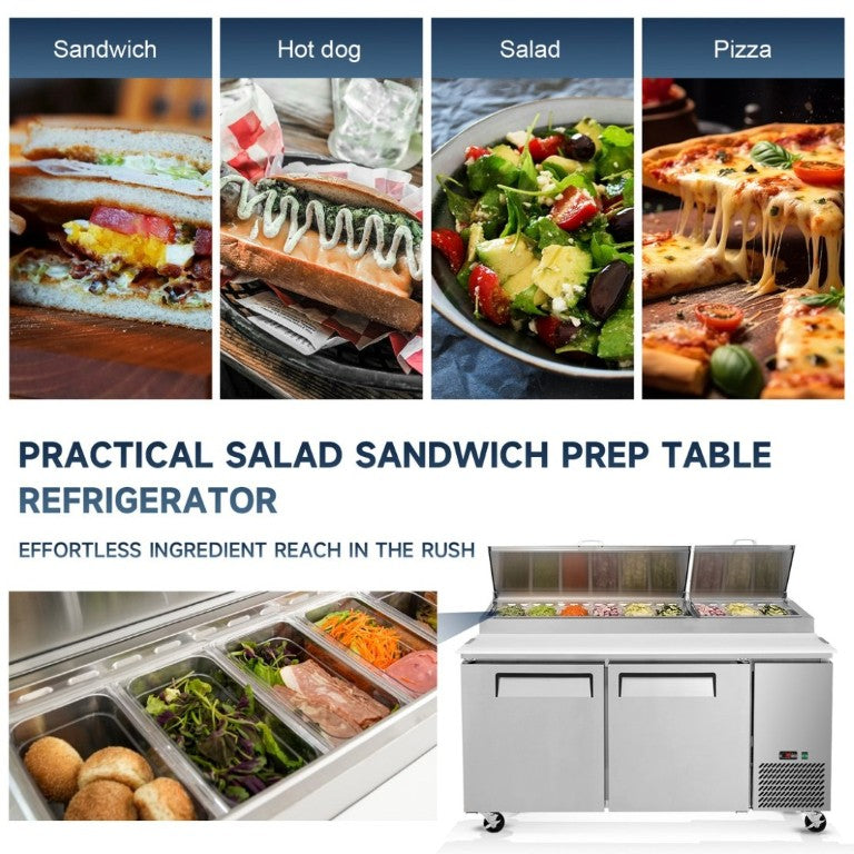 English Elm 67 Inch Commercial Pizza Prep Table Stainless Steel Refrigerated with Butcher Block Top W2095P475583