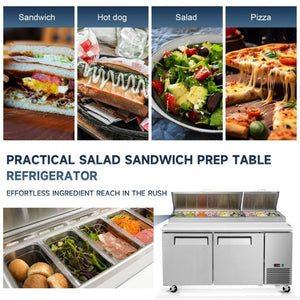 English Elm 67 Inch Commercial Pizza Prep Table Stainless Steel Refrigerated with Butcher Block Top W2095P475583