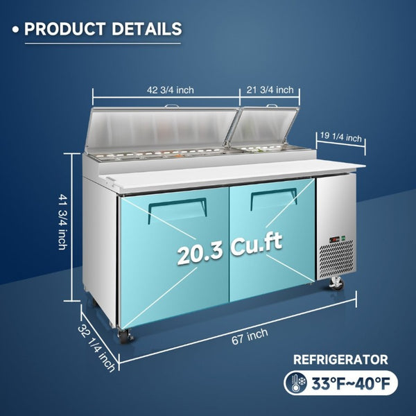 English Elm 67 Inch Commercial Pizza Prep Table Stainless Steel Refrigerated with Butcher Block Top W2095P475583