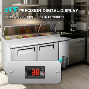 English Elm 67 Inch Commercial Pizza Prep Table Stainless Steel Refrigerated with Butcher Block Top W2095P475583