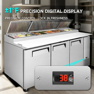 English Elm Tpp93 Stainless Steel Pizza Prep Table with Digital Temp Control and Cold Storage W2095P475586