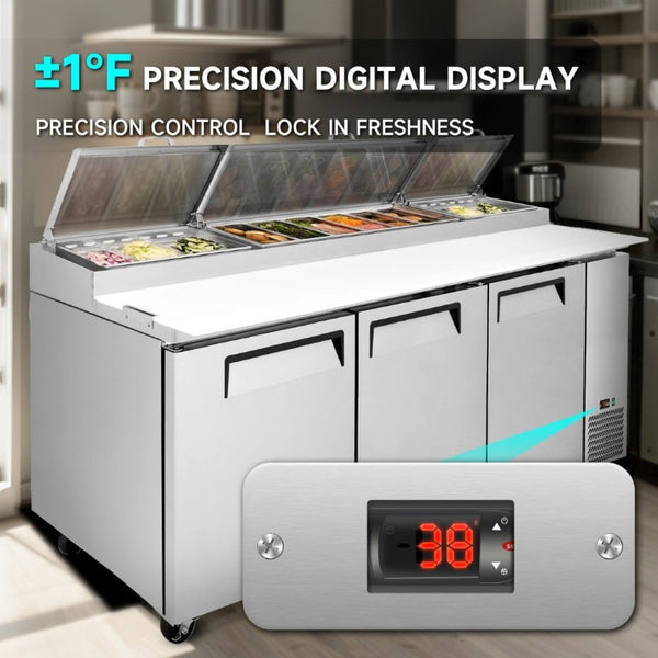 English Elm Tpp93 Stainless Steel Pizza Prep Table with Digital Temp Control and Cold Storage W2095P475586