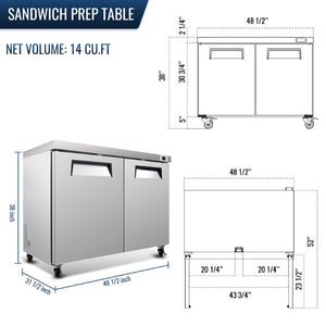 English Elm 48 Inch Stainless Steel Undercounter Commercial Refrigerator with Dual Doors and Casters W2095P475599