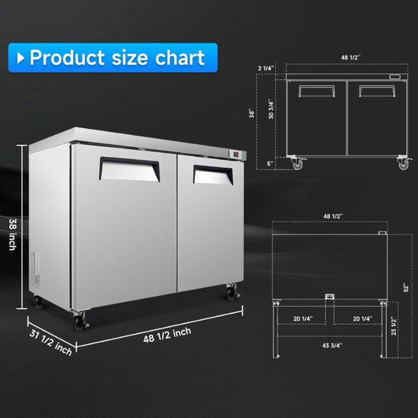 English Elm 48 Inch Commercial Undercounter Freezer Dual Door 14.1 Cu Ft Stainless ETL Certified W2095P475608