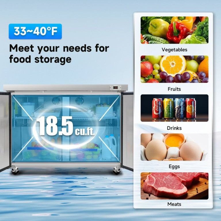 English Elm 60 Inch Undercounter Commercial Refrigerator Stainless Steel Dual Door 18.5 Cu Ft ETL W2095P475610