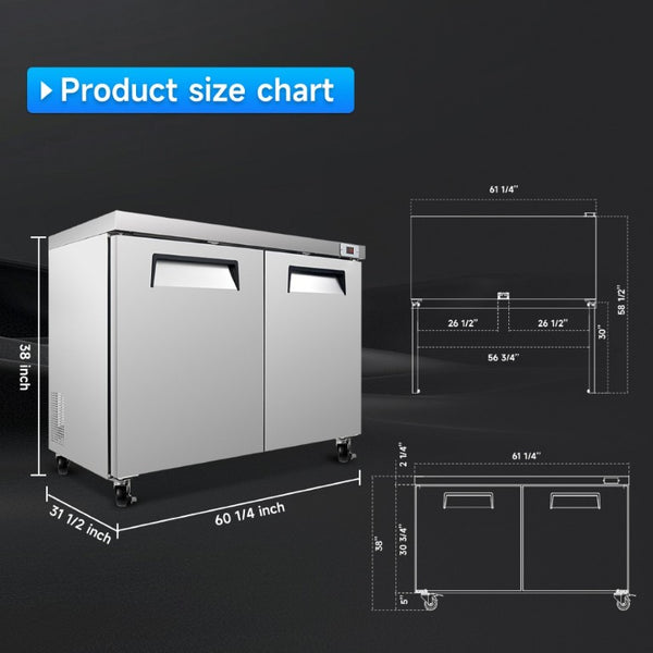 English Elm 60 Inch Commercial Undercounter Freezer Stainless Steel Two Door 18.5 Cu Ft ETL W2095P475611