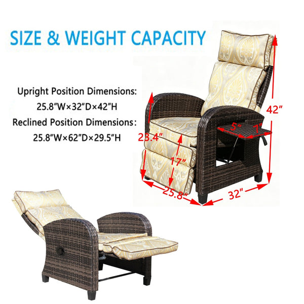 English Elm Outdoor Pe Rattan Recliner with Adjustable Arms Deep Seat Cushions Patio Lounge W209P527302