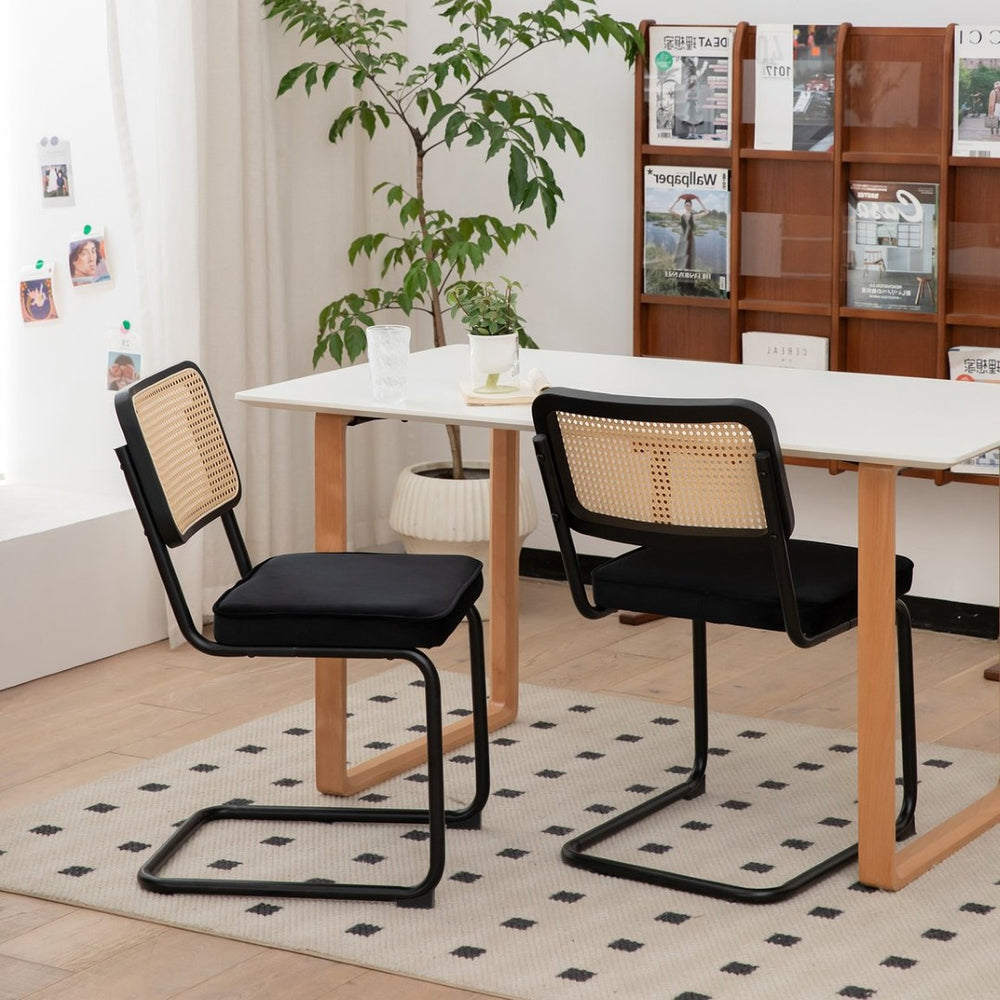 English Elm Dining Chairs Set of 2 Velvet Seat Rattan Back Mid-century Cantilever Steel Frame W2105P171801