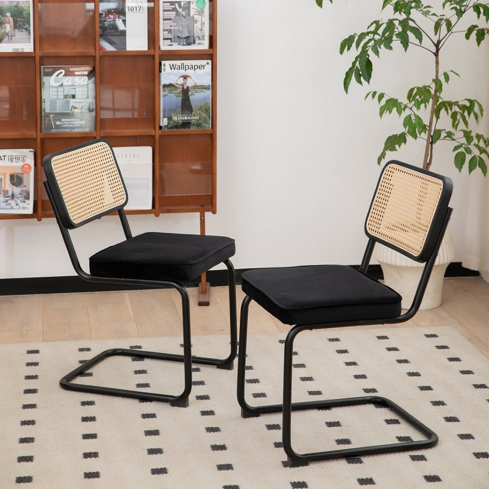 English Elm Dining Chairs Set of 2 Velvet Seat Rattan Back Mid-century Cantilever Steel Frame W2105P171801