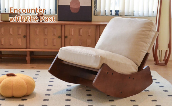 English Elm Comfortable Faux Leather Glider Rocking Chair Solid Wood Frame for Nursery or Bedroom Cream W2105P500450