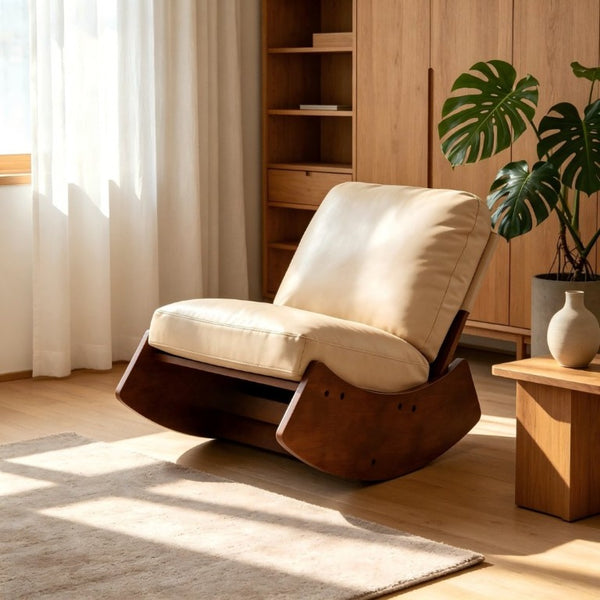 English Elm Comfortable Faux Leather Glider Rocking Chair Solid Wood Frame for Nursery or Bedroom Cream W2105P500450