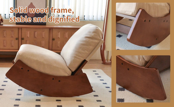 English Elm Comfortable Faux Leather Glider Rocking Chair Solid Wood Frame for Nursery or Bedroom Cream W2105P500450