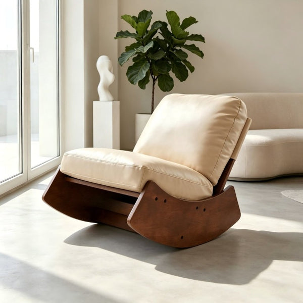 English Elm Comfortable Faux Leather Glider Rocking Chair Solid Wood Frame for Nursery or Bedroom Cream W2105P500450