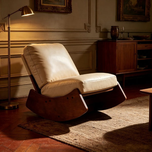 English Elm Comfortable Faux Leather Glider Rocking Chair Solid Wood Frame for Nursery or Bedroom Cream W2105P500450