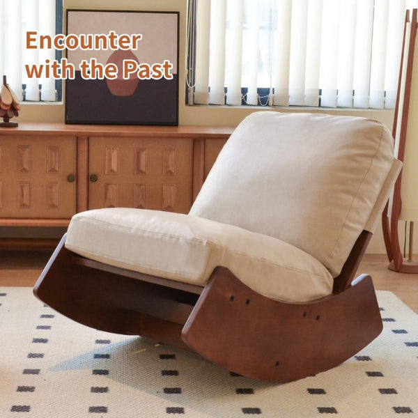 English Elm Comfortable Faux Leather Glider Rocking Chair Solid Wood Frame for Nursery or Bedroom Cream W2105P500450