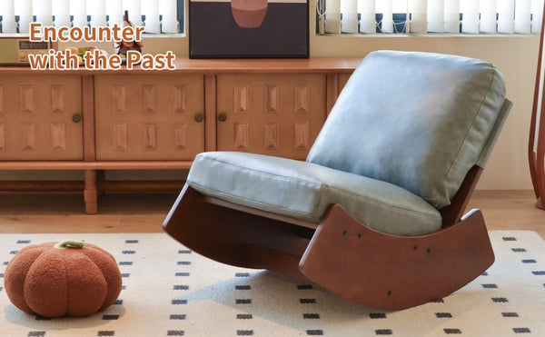 English Elm Comfortable Faux Leather Glider Rocking Chair Solid Wood Frame for Nursery or Bedroom Blue W2105P500563