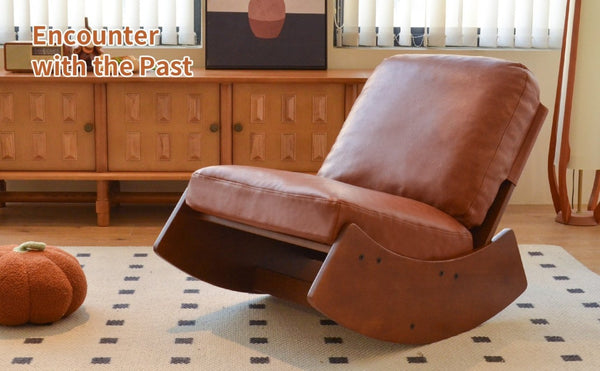 English Elm Comfortable Faux Leather Glider Rocking Chair Solid Wood Frame for Nursery or Bedroom Brown W2105P500910
