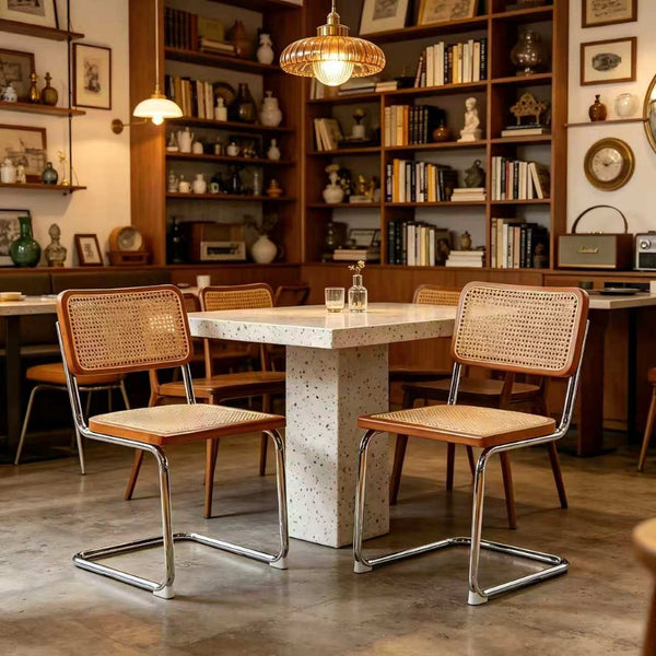 English Elm Dining Chairs Set of 2 Hand Woven Rattan Cantilever Chrome Steel Mid Century Modern Teak W2105P503049