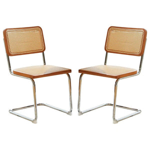 English Elm Dining Chairs Set of 2 Hand Woven Rattan Cantilever Chrome Steel Mid Century Modern Teak W2105P503049