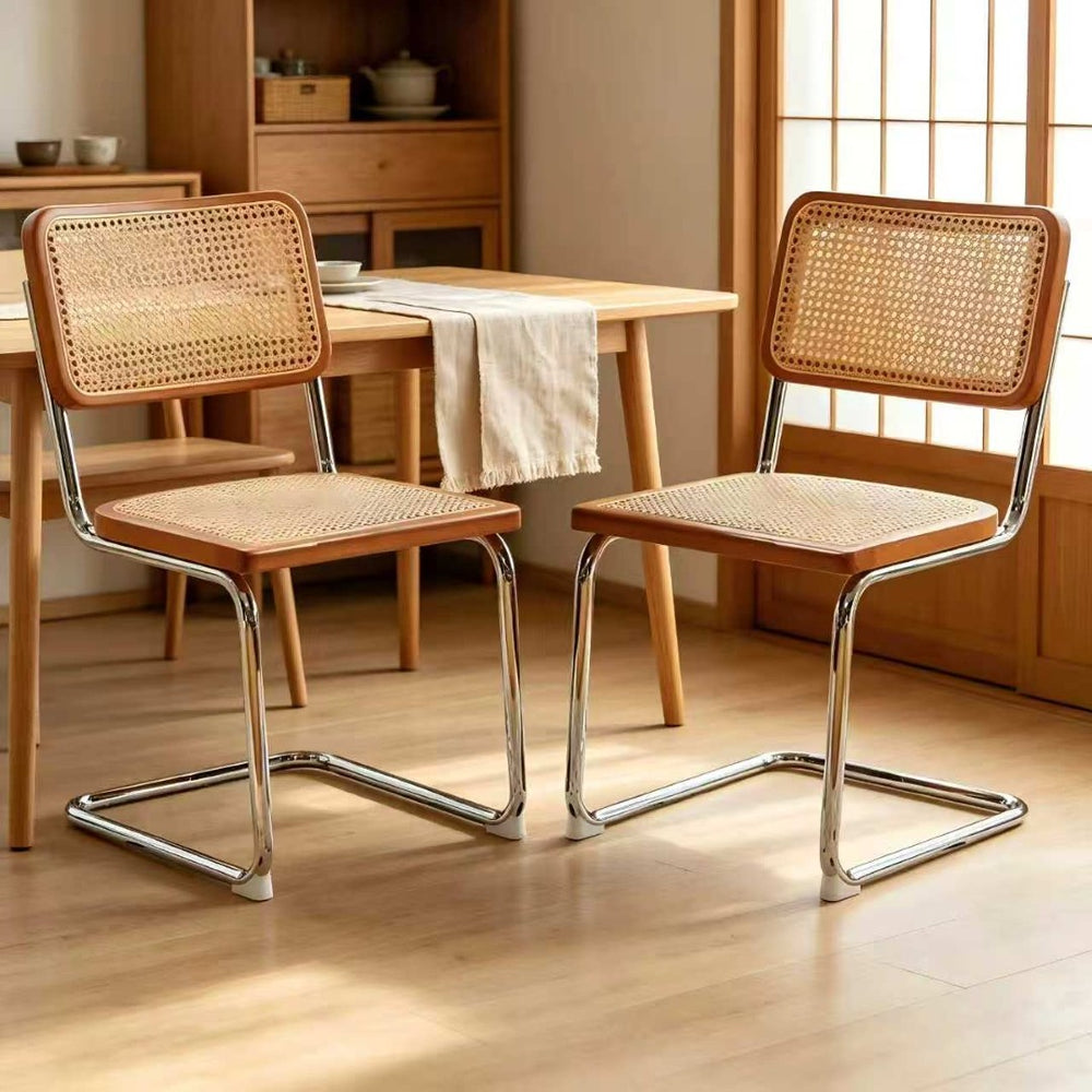 English Elm Dining Chairs Set of 2 Hand Woven Rattan Cantilever Chrome Steel Mid Century Modern Teak W2105P503049
