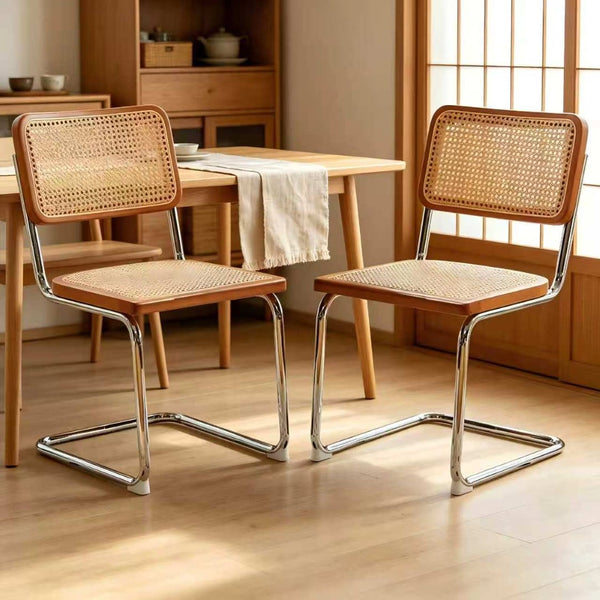 English Elm Dining Chairs Set of 2 Hand Woven Rattan Cantilever Chrome Steel Mid Century Modern Teak W2105P503049