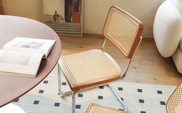 English Elm Dining Chairs Set of 2 Hand Woven Rattan Cantilever Chrome Steel Mid Century Modern Teak W2105P503049
