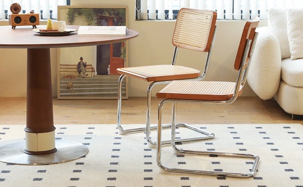 English Elm Dining Chairs Set of 2 Hand Woven Rattan Cantilever Chrome Steel Mid Century Modern Teak W2105P503049