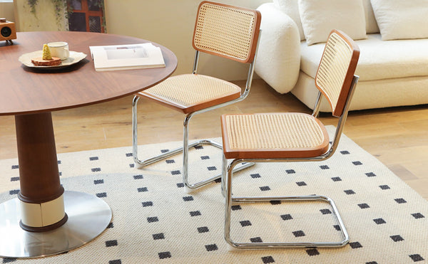 English Elm Dining Chairs Set of 2 Hand Woven Rattan Cantilever Chrome Steel Mid Century Modern Teak W2105P503049