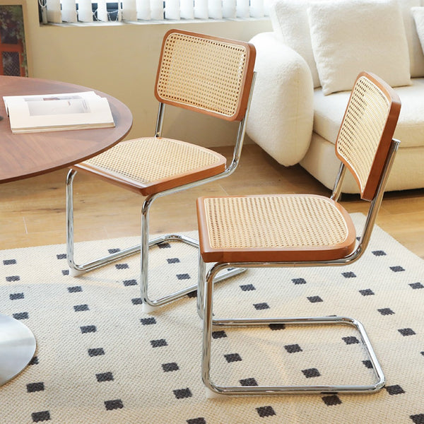 English Elm Dining Chairs Set of 2 Hand Woven Rattan Cantilever Chrome Steel Mid Century Modern Teak W2105P503049